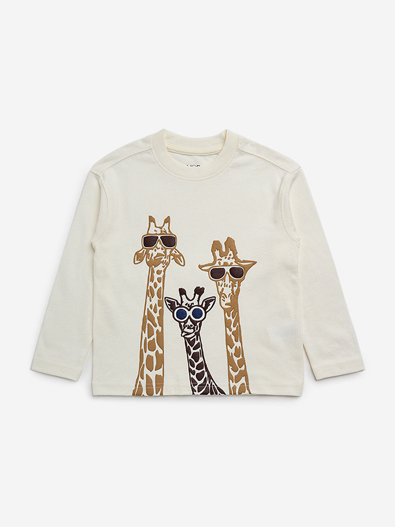 HOP Kids Off-White Animal Design Cotton T-Shirt