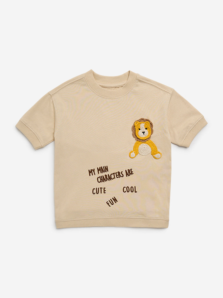 HOP Kids Beige Animal Embroidered Cotton T-Shirt