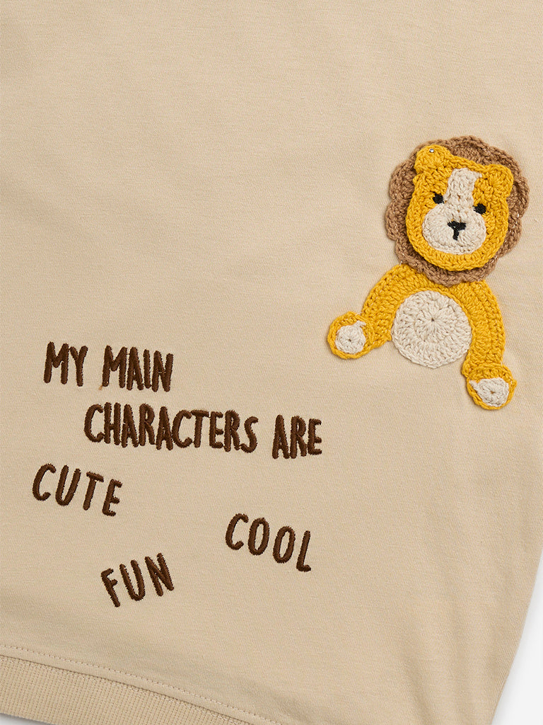 HOP Kids Beige Animal Embroidered Cotton T-Shirt