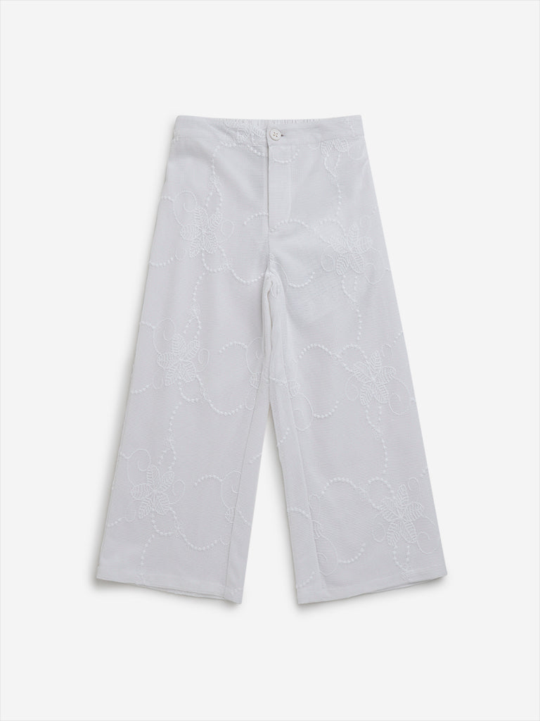 HOP Kids Off-White Floral Embroidered Mid-Rise Pants