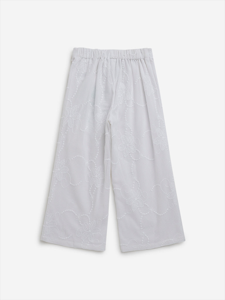 HOP Kids Off-White Floral Embroidered Mid-Rise Pants