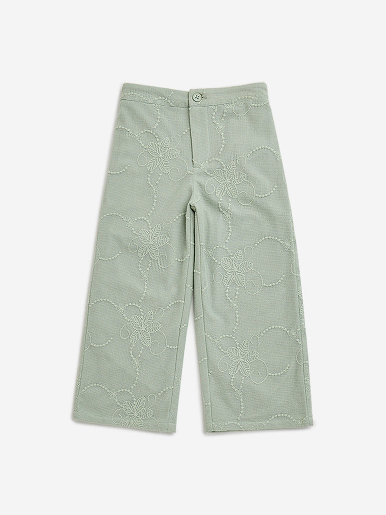 HOP Kids Sage Floral Embroidered Mid-Rise Pants