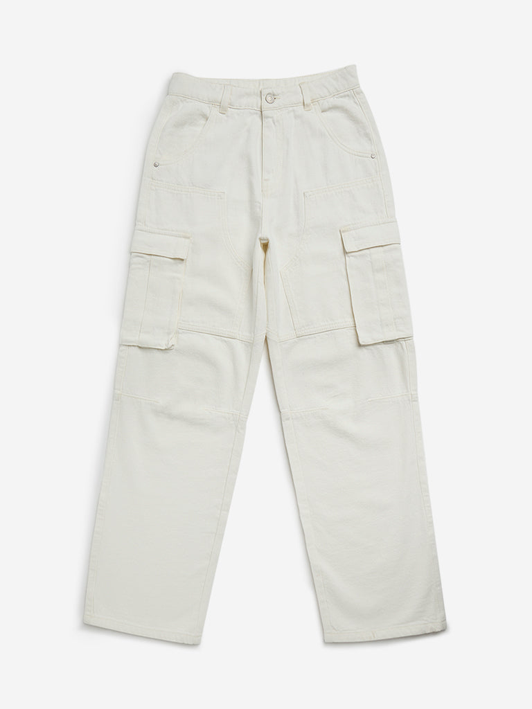 Y&F Kids Off-White Straight - Fit High - Rise Cargo Jeans