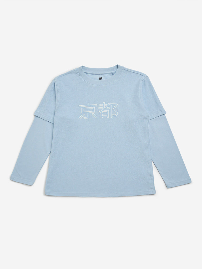 Y&F Kids Light Blue Text Printed Cotton T-Shirt