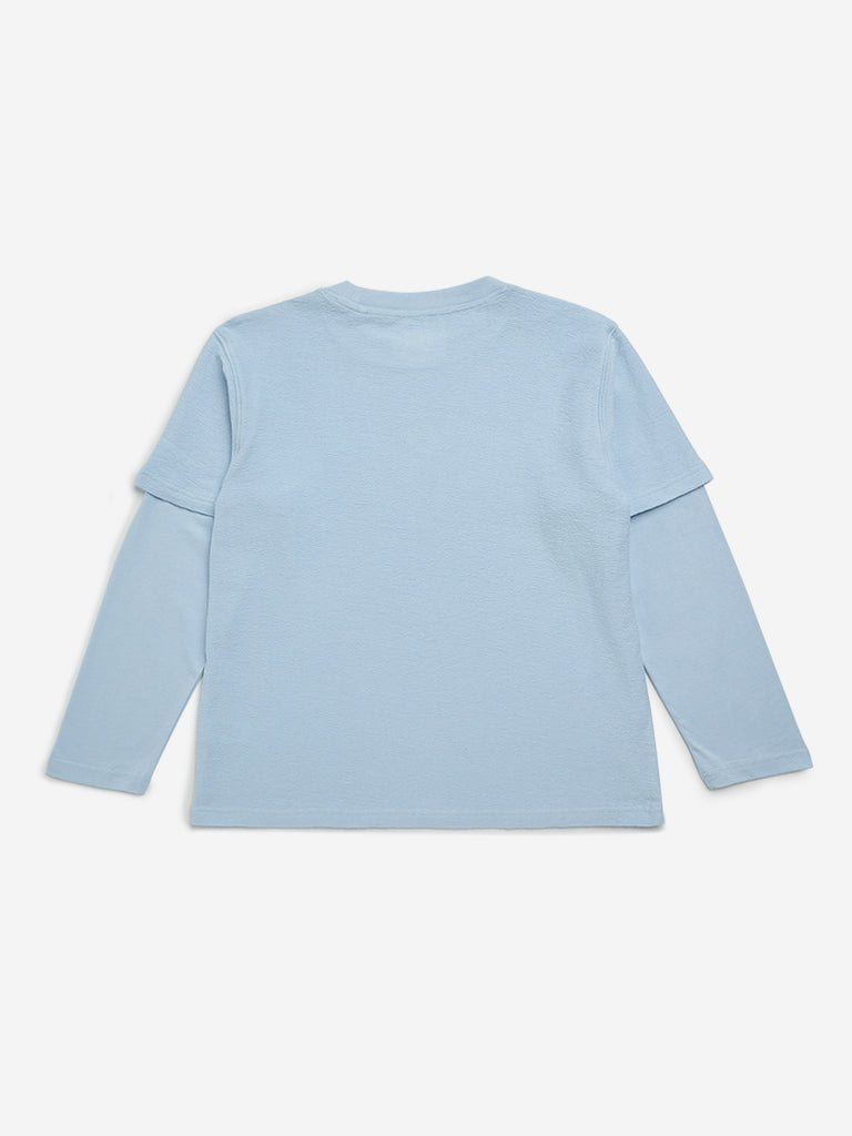 Y&F Kids Light Blue Text Printed Cotton T-Shirt