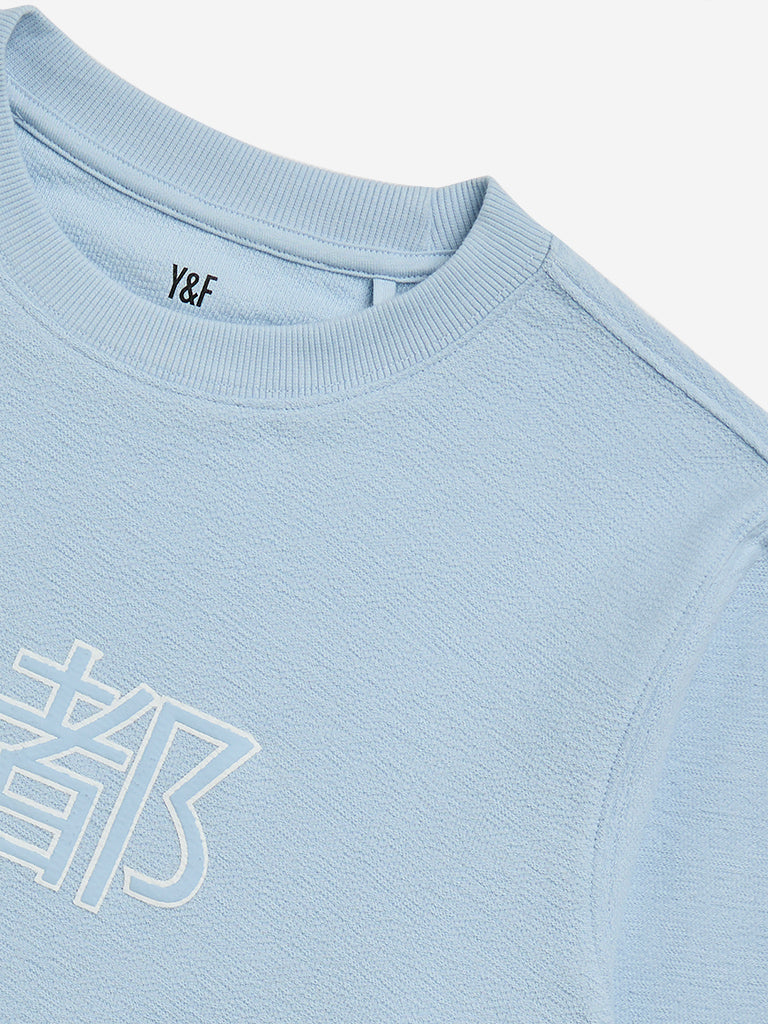 Y&F Kids Light Blue Text Printed Cotton T-Shirt