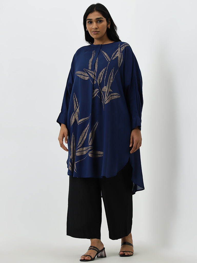 Diza Blue Leaf Design High-Low Kurta