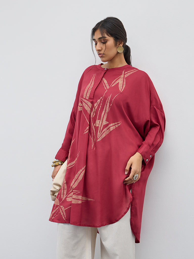 Diza Red Leaf Printed High-Low Kurta