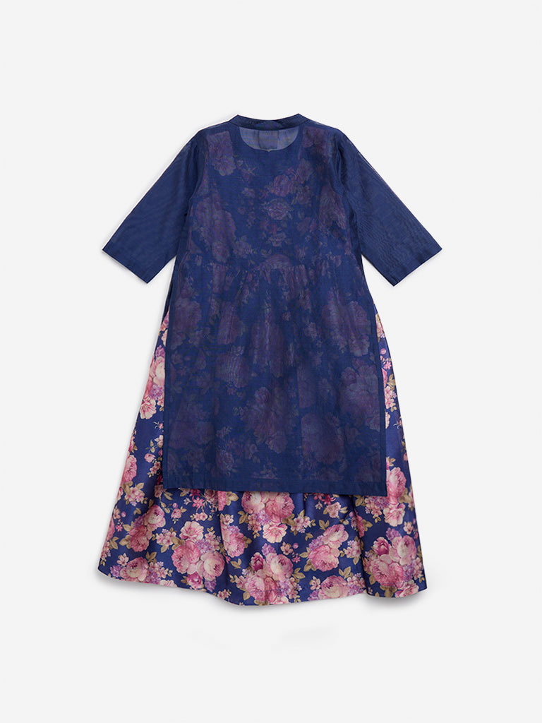 Utsa Kids Blue Floral Embroidered Kurta and Inner Set - (2 - 8yrs)