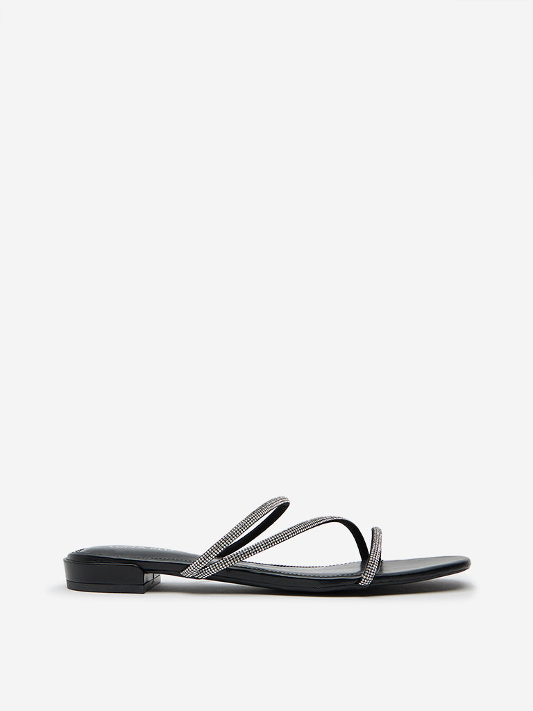 LUNA BLU Black Diamante Embellished Slides