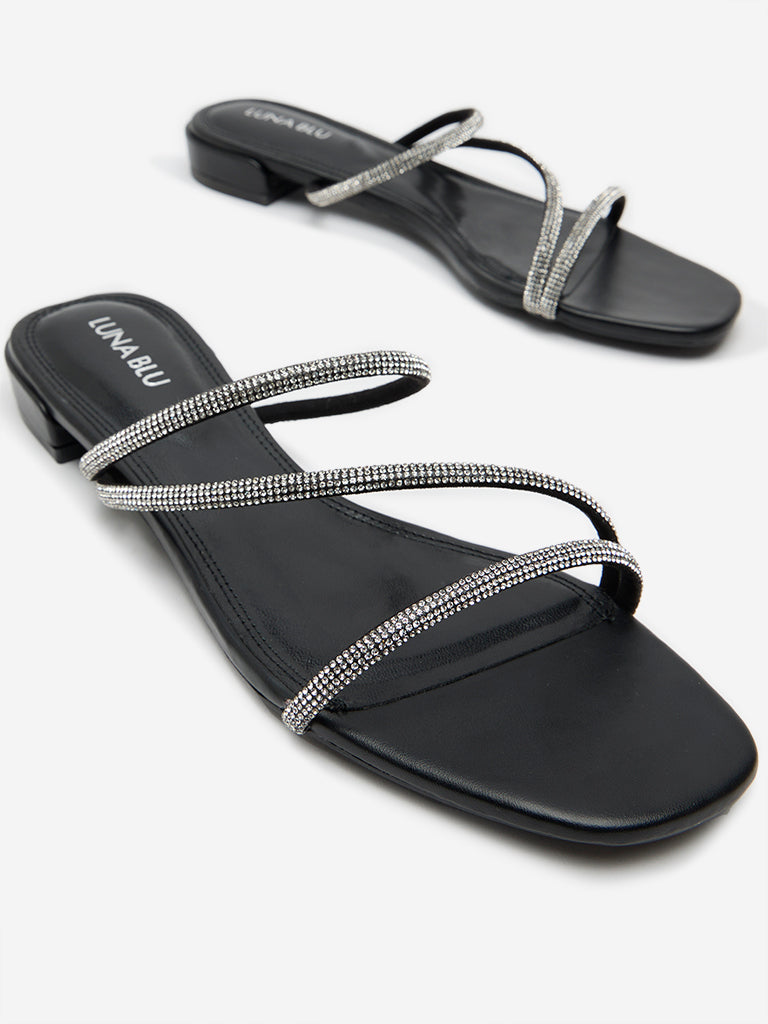 LUNA BLU Black Diamante Embellished Slides