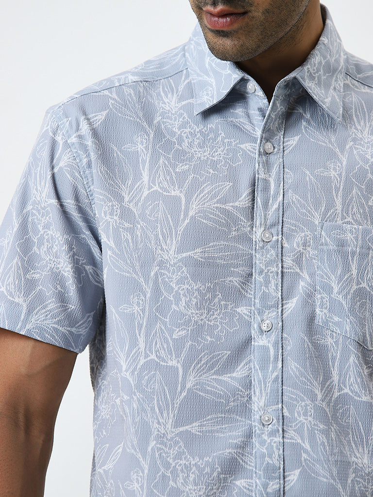 WES Casuals Grey Floral Printed Relaxed-Fit Shirt