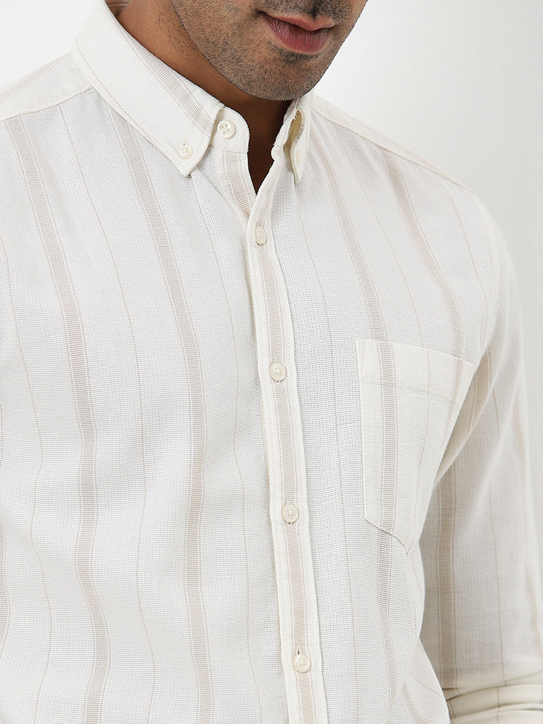 WES Casuals Beige Striped Design Slim Fit Cotton Shirt