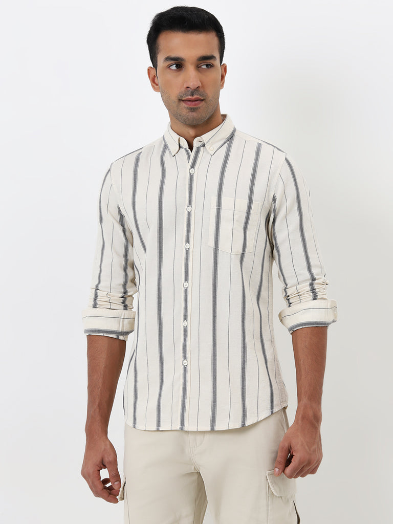 WES Casuals Off-White Stripe Pattern Slim Fit Cotton Shirt