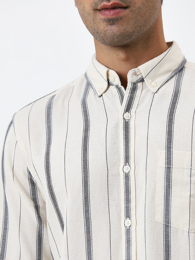 WES Casuals Off-White Stripe Pattern Slim Fit Cotton Shirt