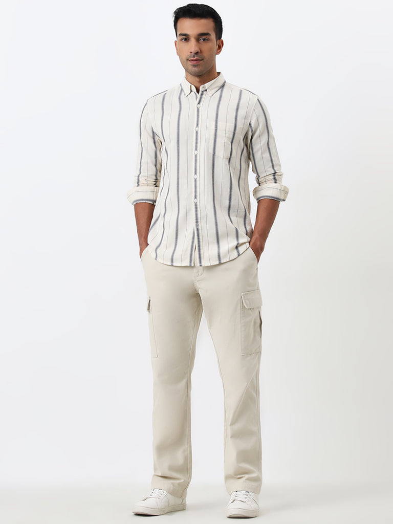 WES Casuals Off-White Stripe Pattern Slim Fit Cotton Shirt