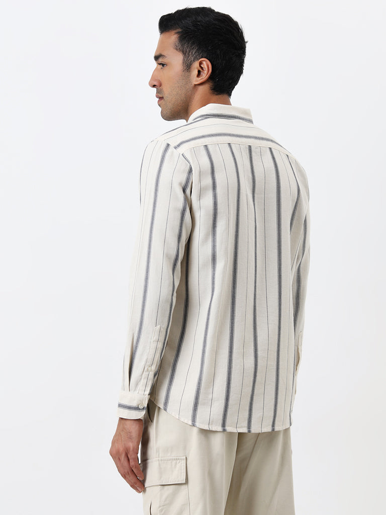 WES Casuals Off-White Stripe Pattern Slim Fit Cotton Shirt