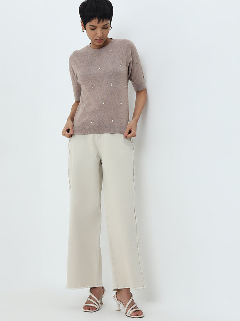 LOV Taupe Pearl Embellished Knitted Top