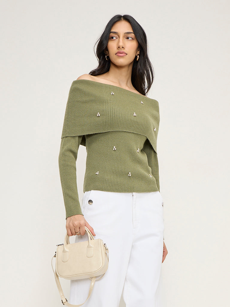 LOV Olive Diamante Embellished Ribbed Top