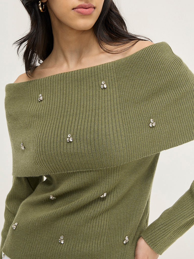 LOV Olive Diamante Embellished Ribbed Top