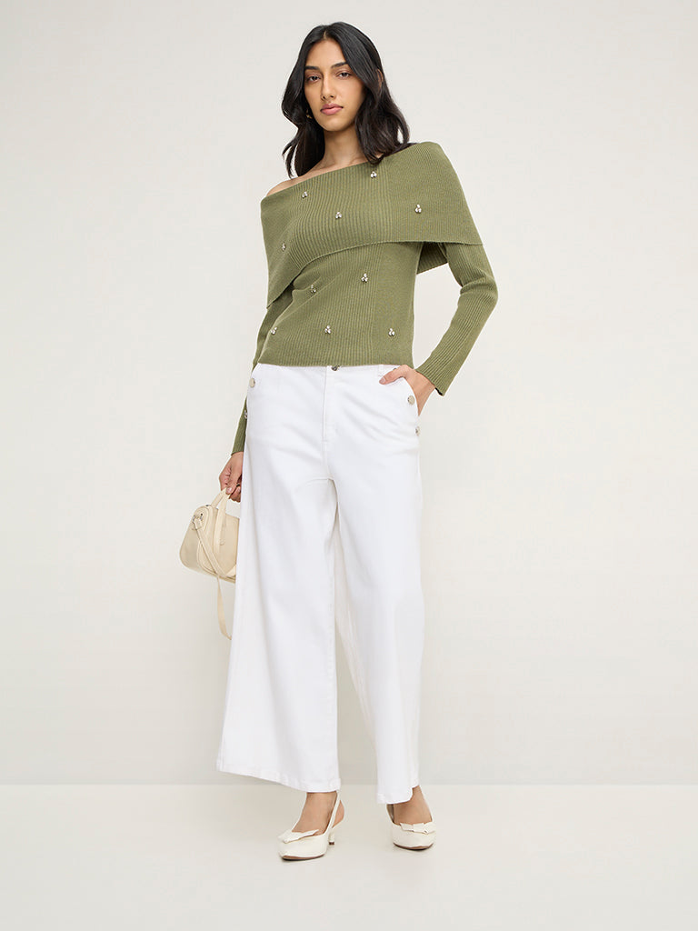 LOV Olive Diamante Embellished Ribbed Top