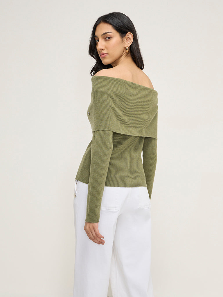 LOV Olive Diamante Embellished Ribbed Top