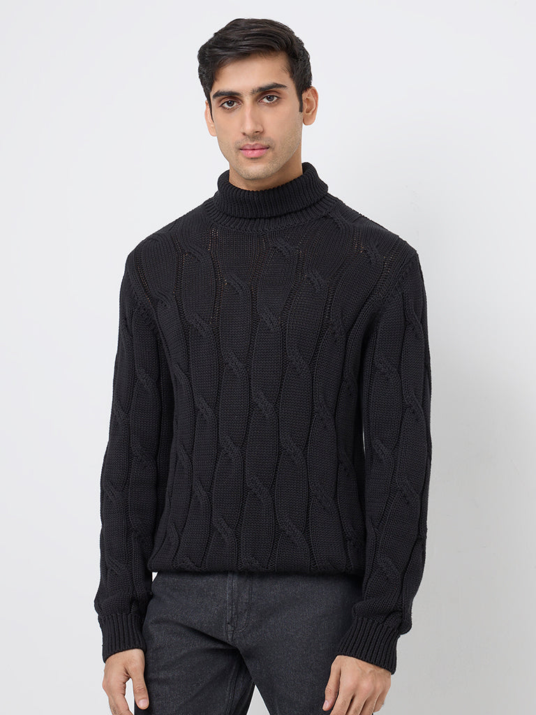 Ascot Black Knit-Textured Relaxed-Fit Cotton Sweater