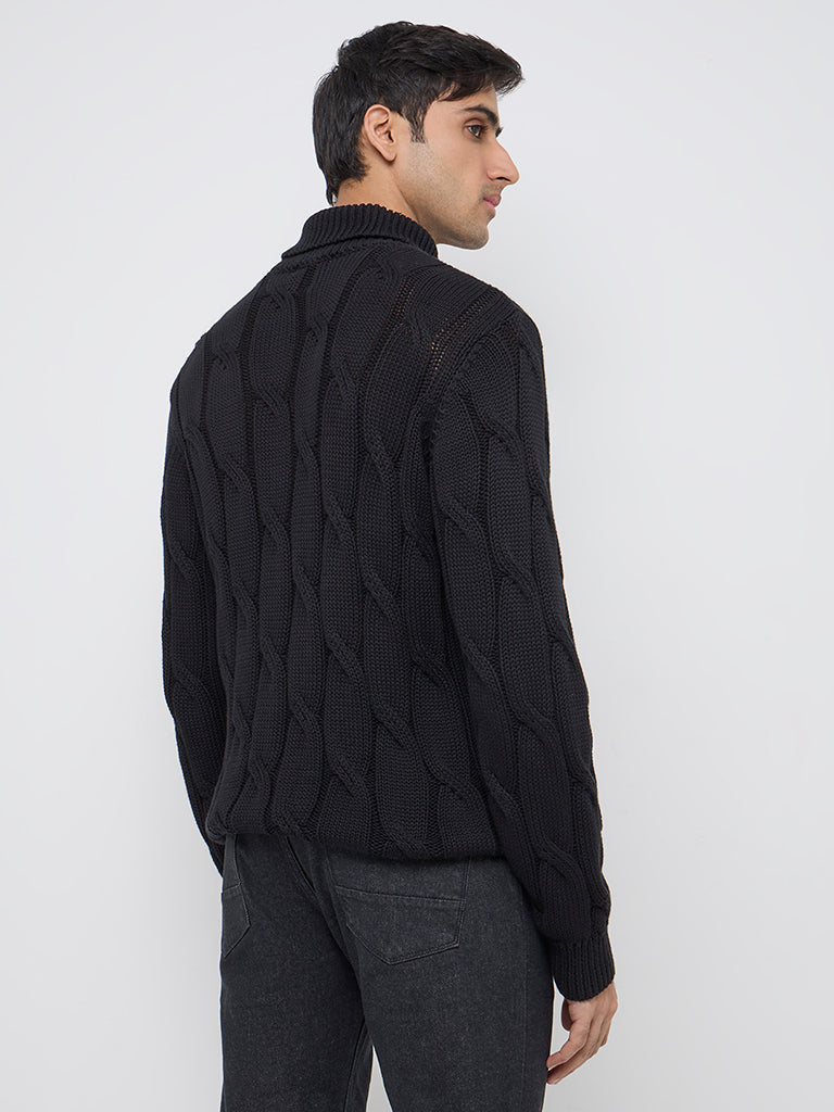 Ascot Black Knit-Textured Relaxed-Fit Cotton Sweater