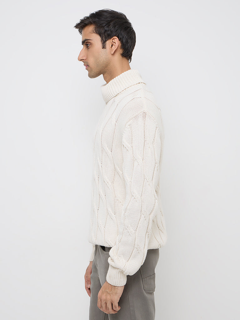 Ascot Off-White Knit-Textured Relaxed-Fit Cotton Sweater