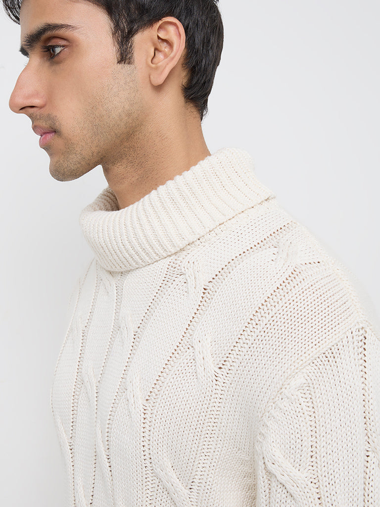 Ascot Off-White Knit-Textured Relaxed-Fit Cotton Sweater