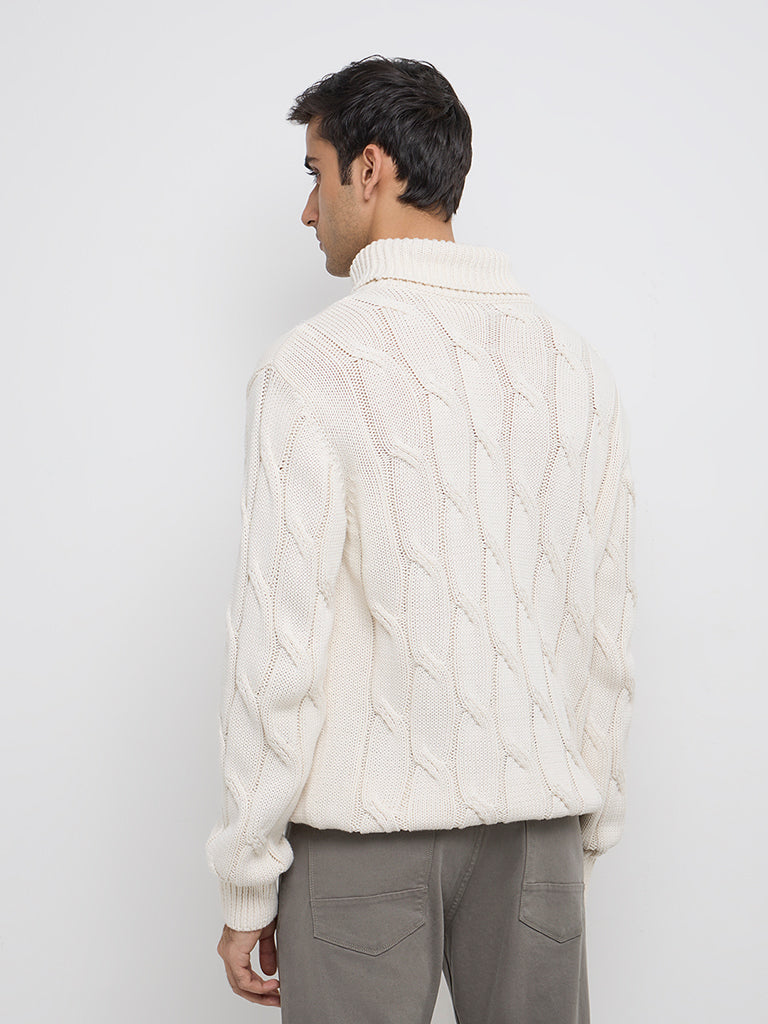 Ascot Off-White Knit-Textured Relaxed-Fit Cotton Sweater