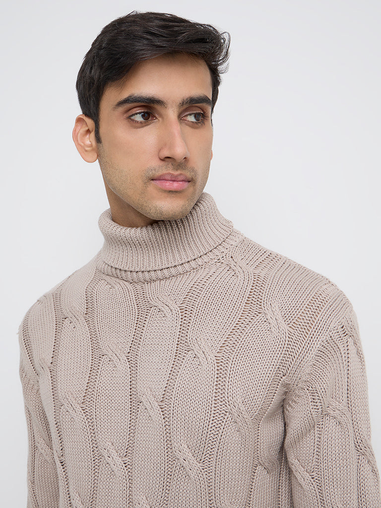 Ascot Taupe Knit-Textured Relaxed Fit Cotton Sweater