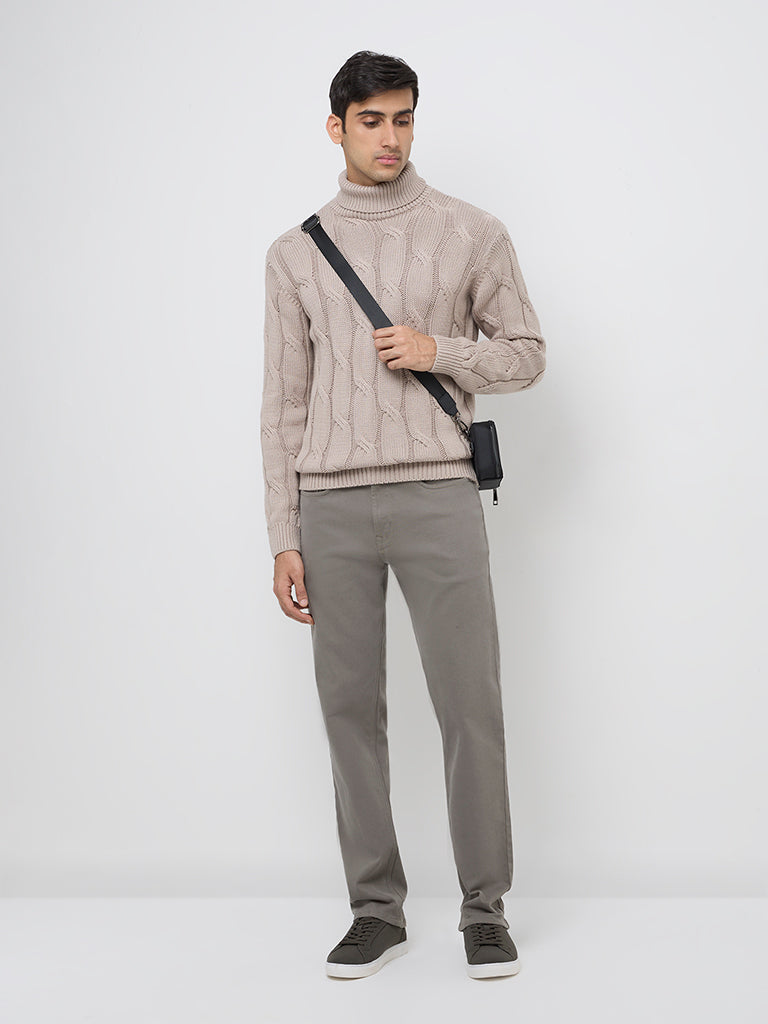 Ascot Taupe Knit-Textured Relaxed Fit Cotton Sweater