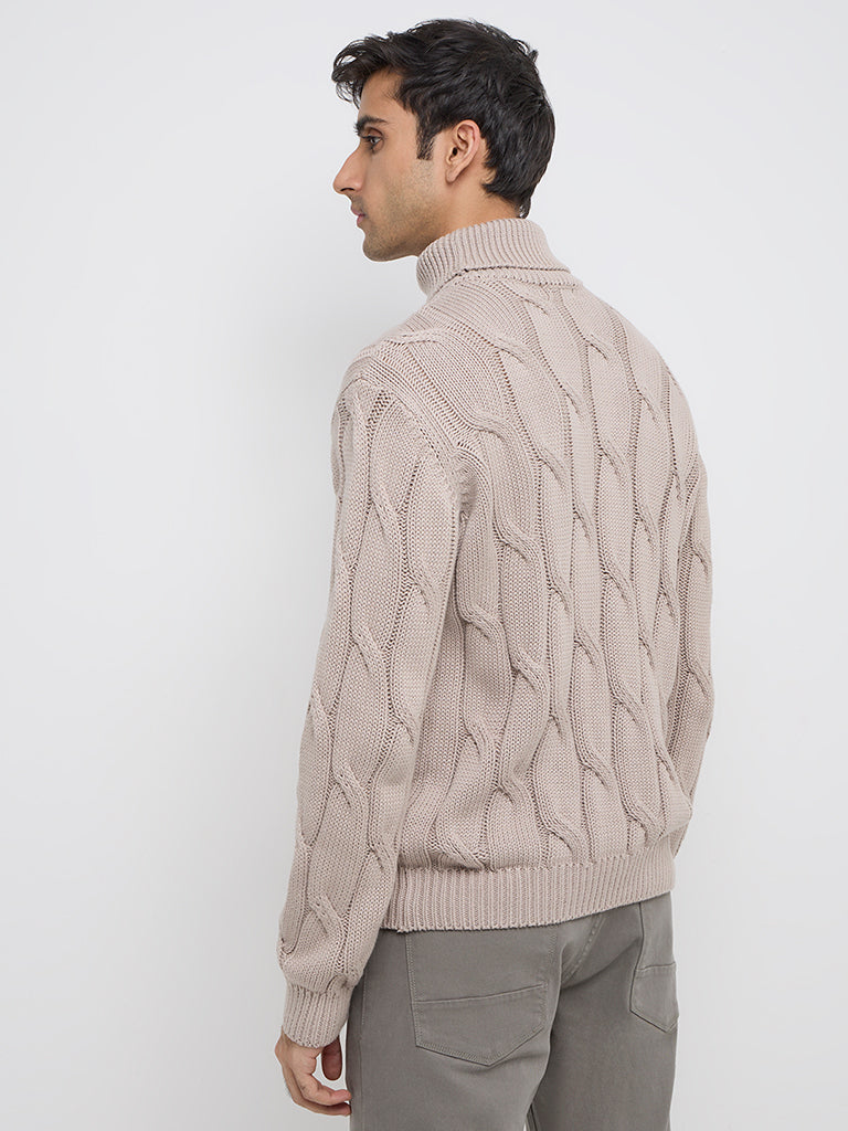 Ascot Taupe Knit-Textured Relaxed Fit Cotton Sweater