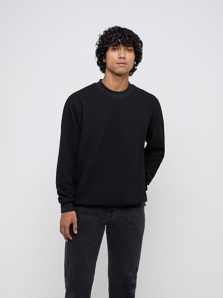 Ascot Black Ribbed Textured Relaxed-Fit Sweater