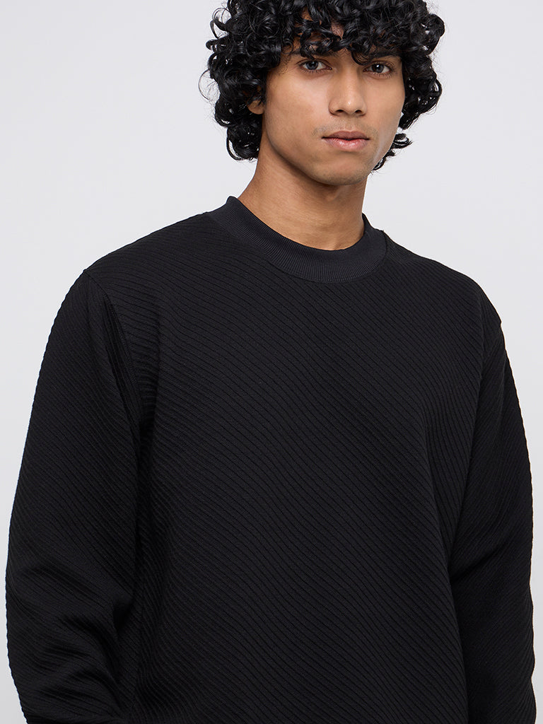 Ascot Black Ribbed Textured Relaxed-Fit Sweater