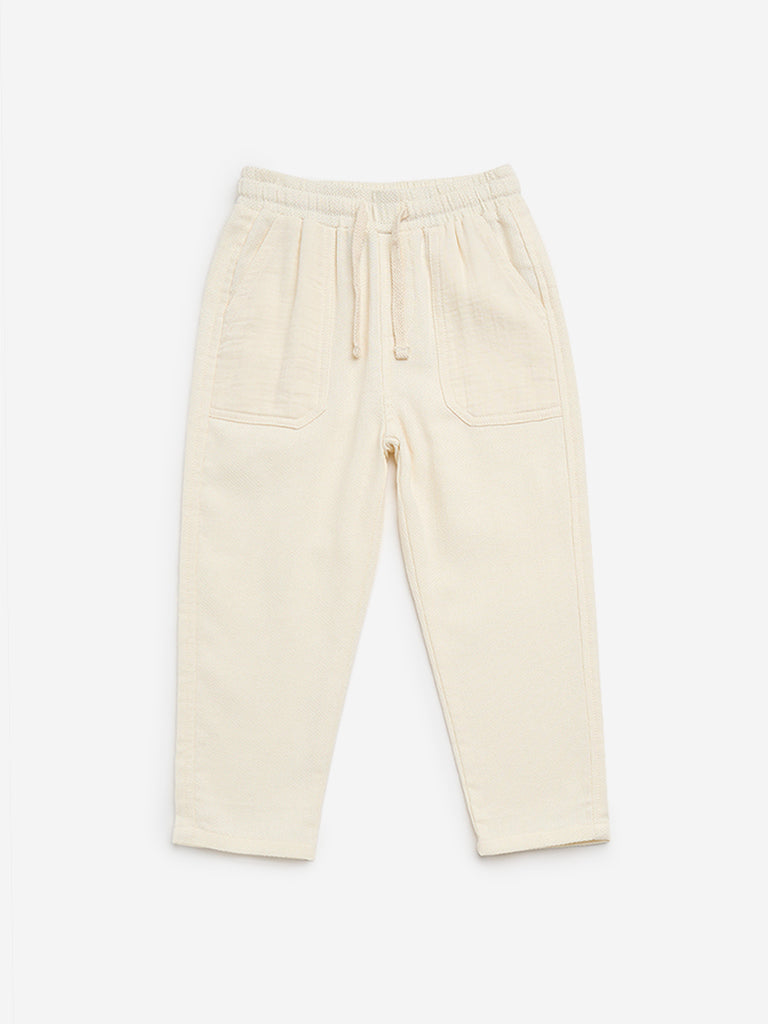 HOP Kids Off-White Self-Textured Mid-Rise Cotton Trousers