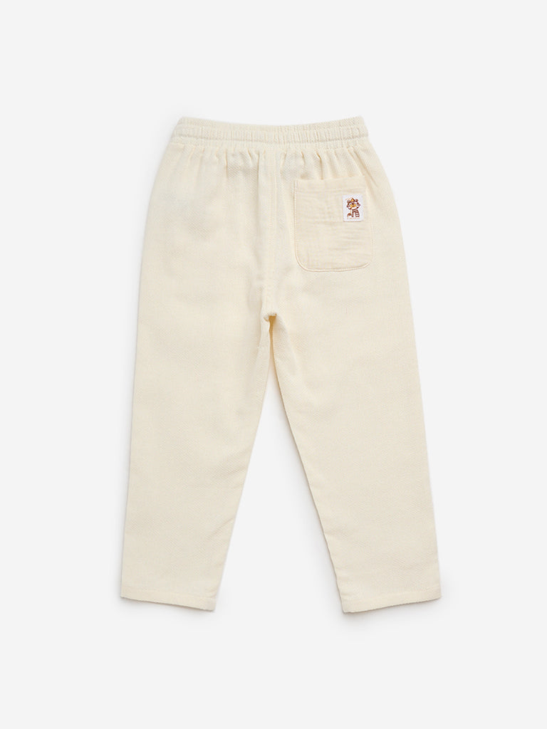 HOP Kids Off-White Self-Textured Mid-Rise Cotton Trousers