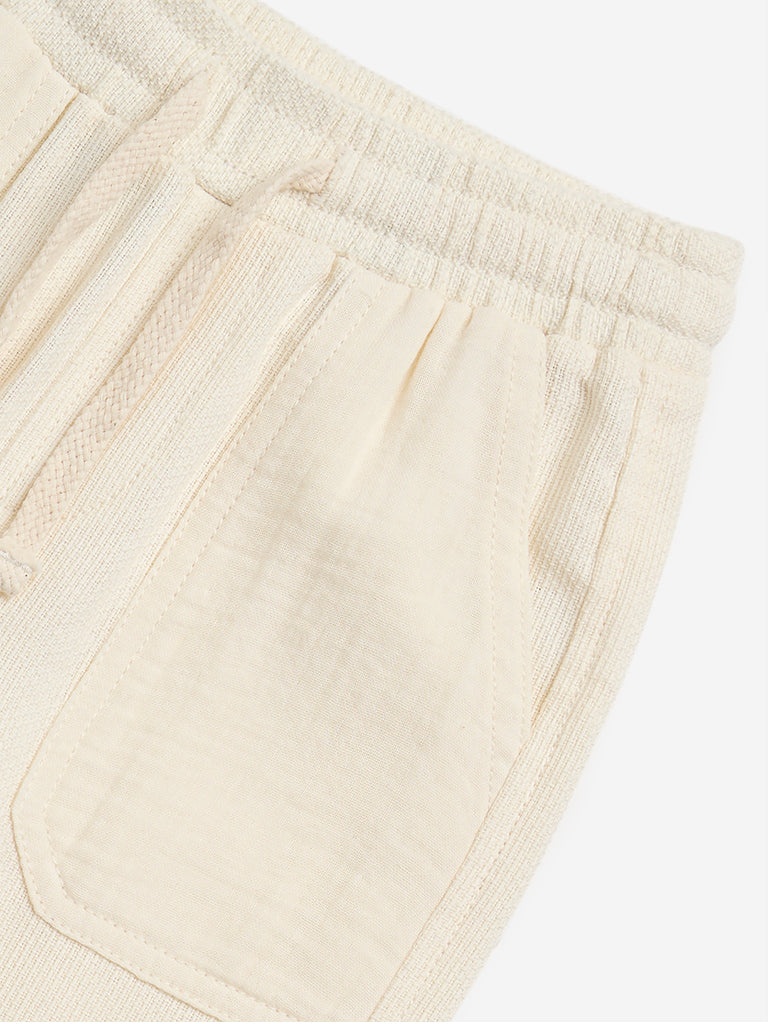 HOP Kids Off-White Self-Textured Mid-Rise Cotton Trousers