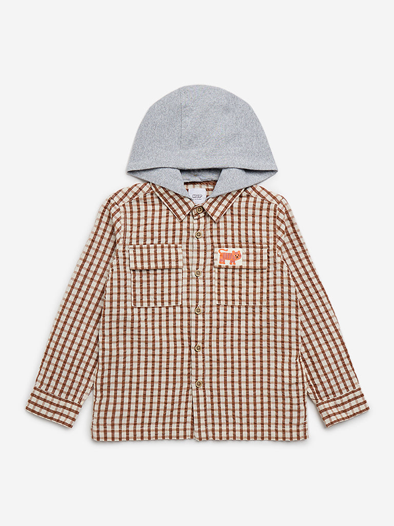 HOP Kids Brown Checks Patterned Hooded Cotton Shirt