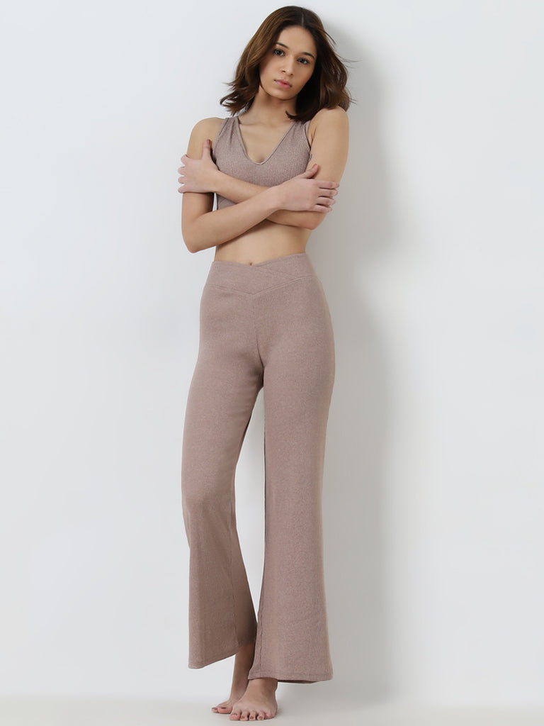 Superstar Beige Ribbed High-Rise Flared Pants