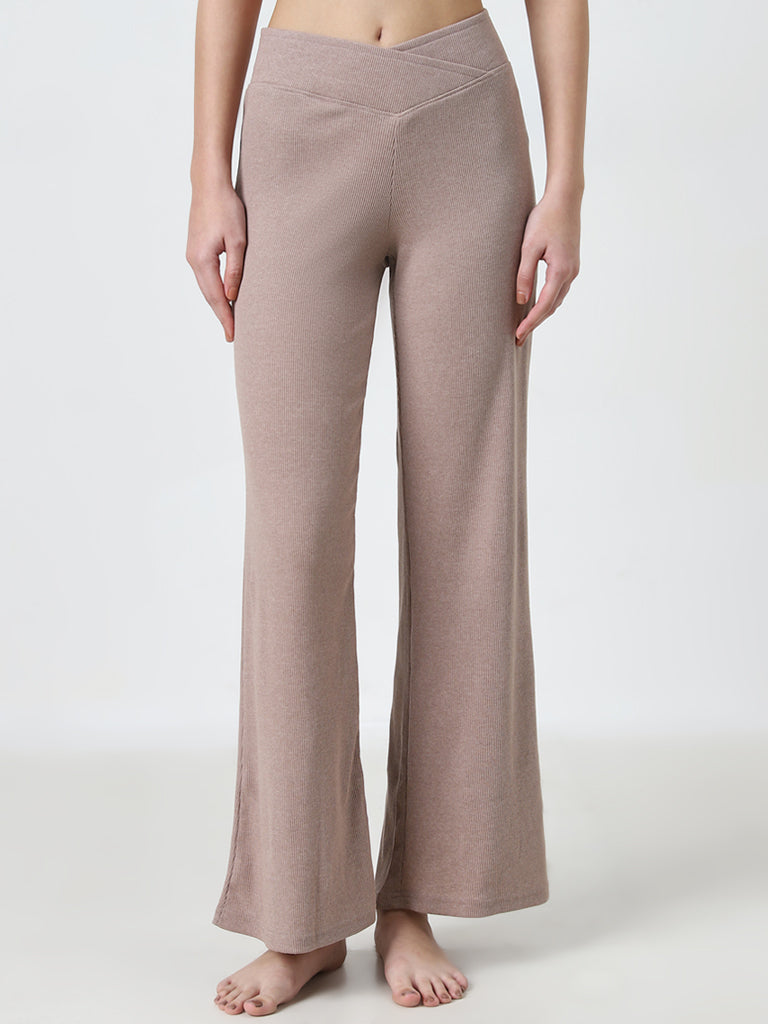 Superstar Beige Ribbed High-Rise Flared Pants