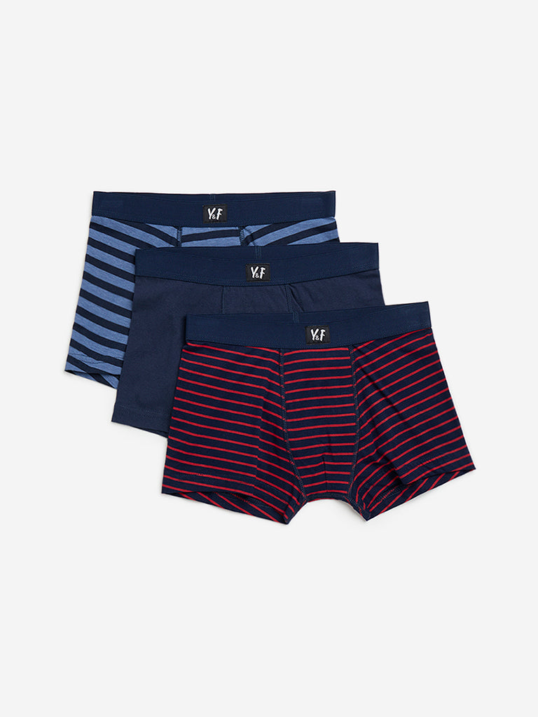 Y&F Kids Navy Striped Cotton Briefs - Pack of 3