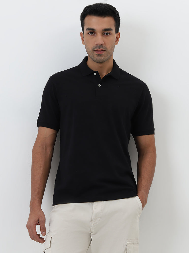 WES Casuals Black Relaxed-Fit Polo T-Shirt