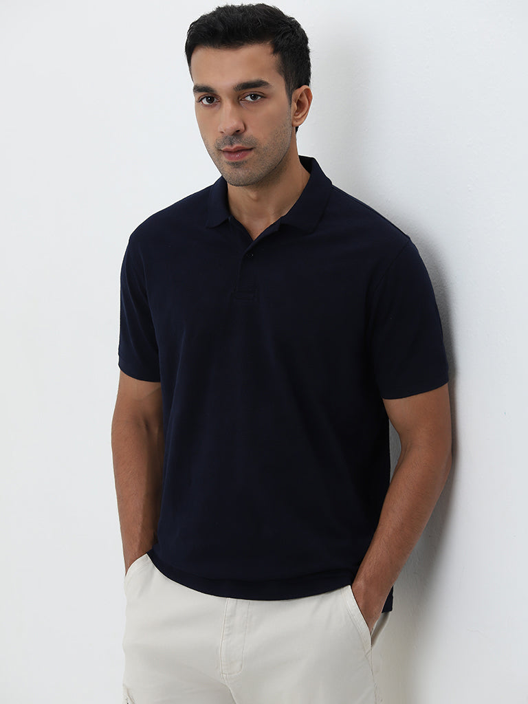 WES Casuals Navy Solid Relaxed-Fit Polo T-Shirt