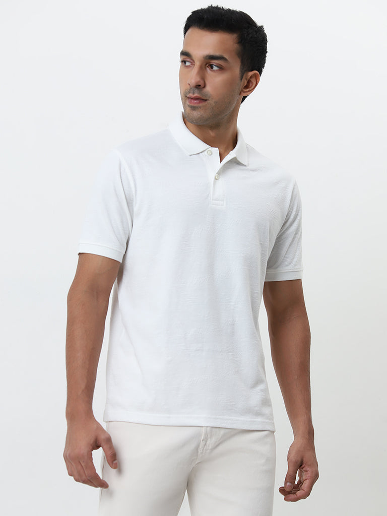 WES Casuals White Textured Relaxed-Fit Polo T-Shirt