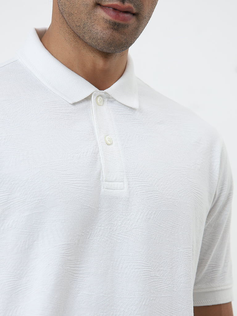 WES Casuals White Textured Relaxed-Fit Polo T-Shirt