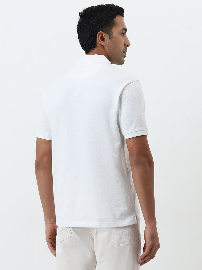 WES Casuals White Textured Relaxed-Fit Polo T-Shirt