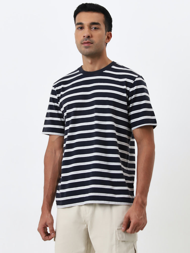 WES Casuals Navy Striped Relaxed-Fit Cotton T-Shirt