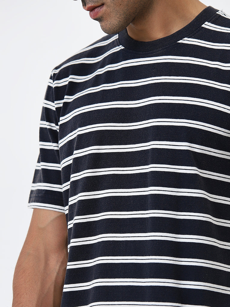 WES Casuals Navy Striped Relaxed-Fit Cotton T-Shirt